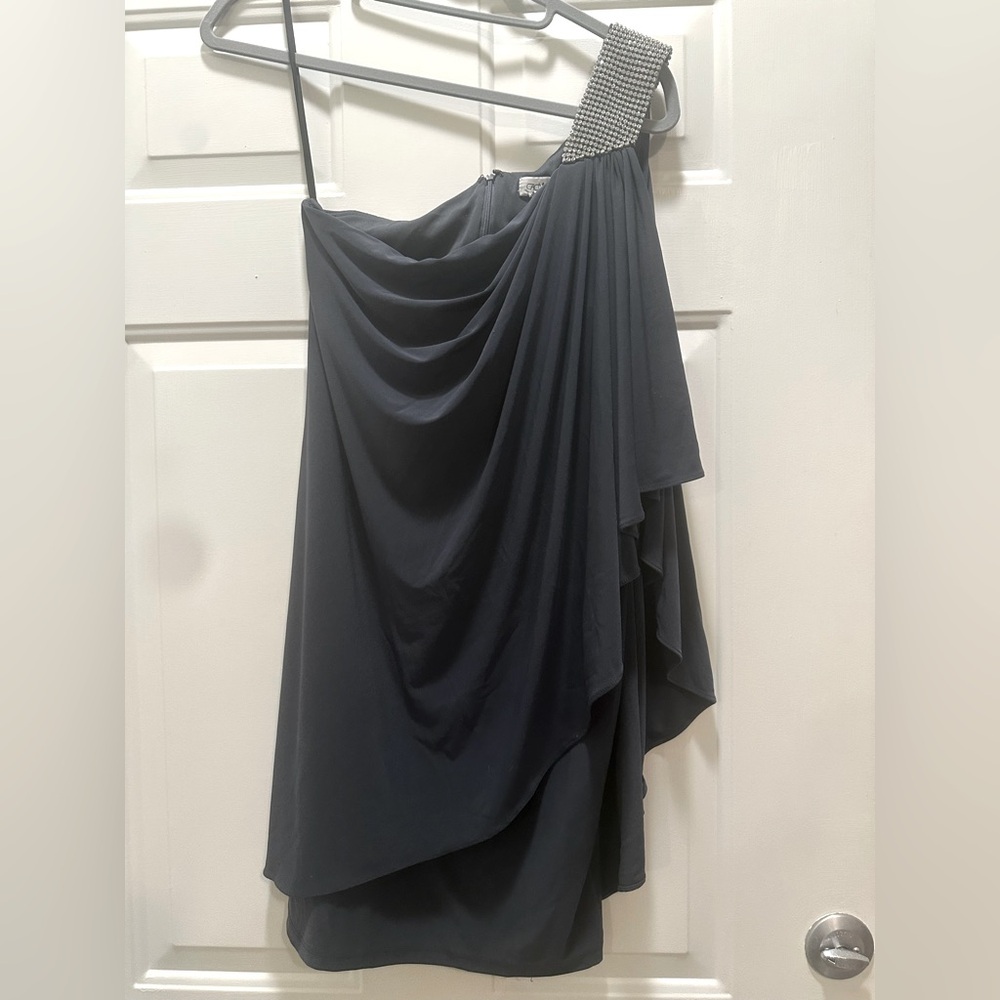 Elegant, yet sexy blue grey asymmetrical one shoulder Cache dress.  Worn once.